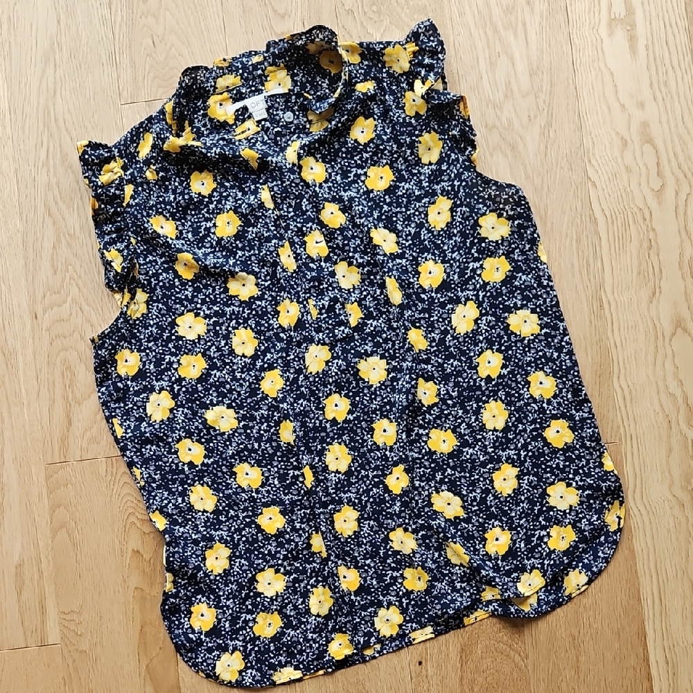 LOFT Floral Ruffle Tank Top - Navy and Yellow